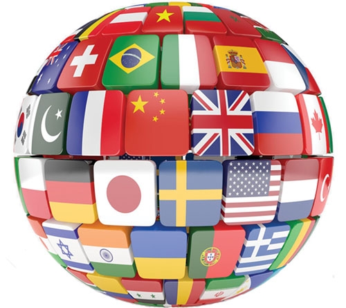 A globe with flags from major countries